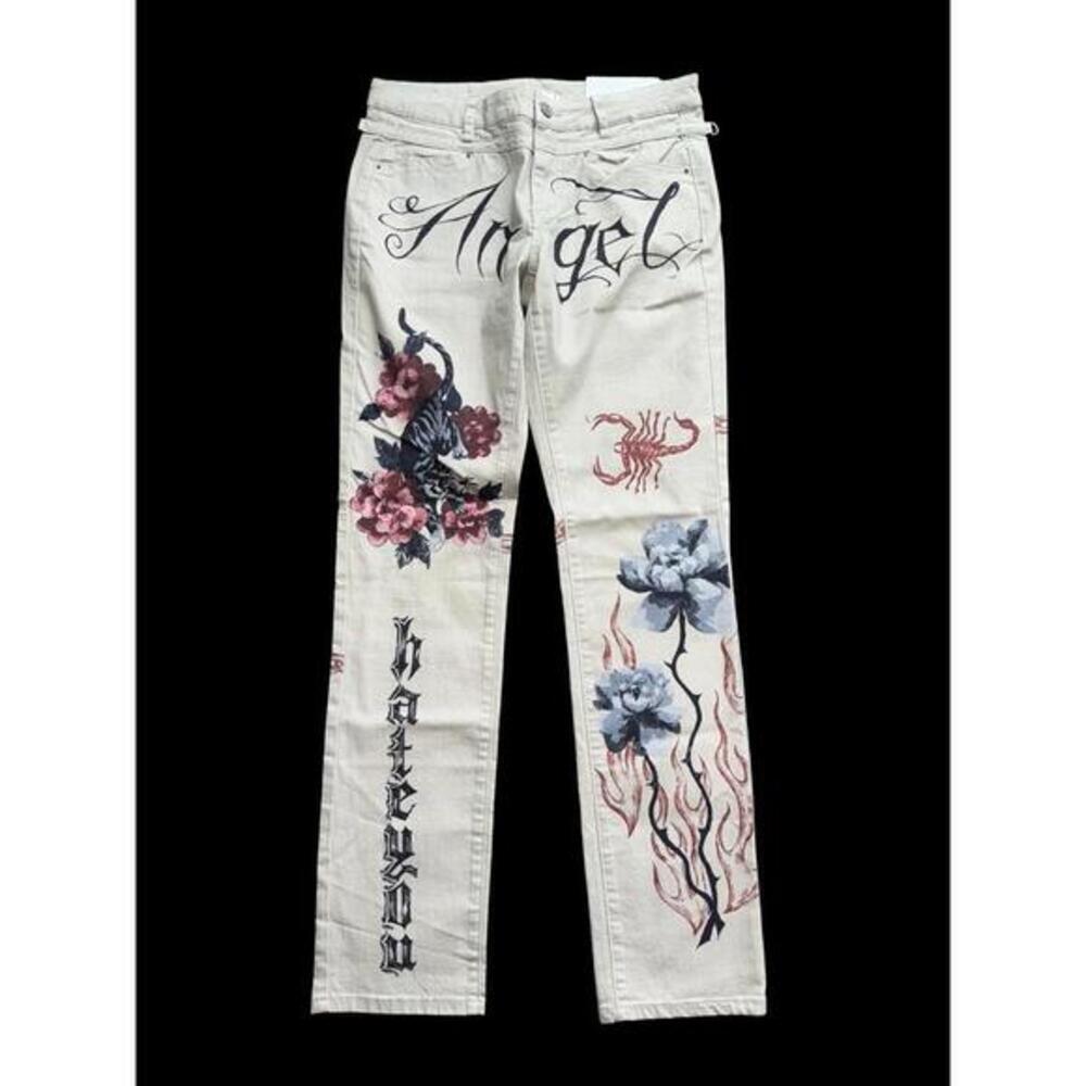 BDG Jeans Womens 28 Beige Low Rise Skinny Angel Floral Graphic Punk Urban NEW